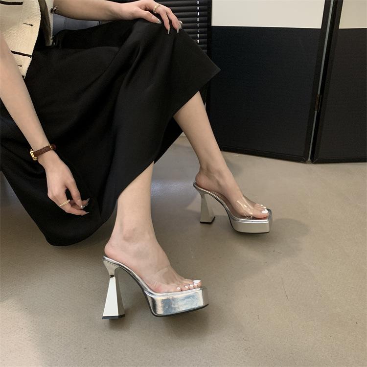 Прозрачные туфли на высоком каблуке женские 2025 лето новые водонепроницаемые на платформе со сверхвысоким каблуком шлепанцы модные сандалии на толстом каблуке