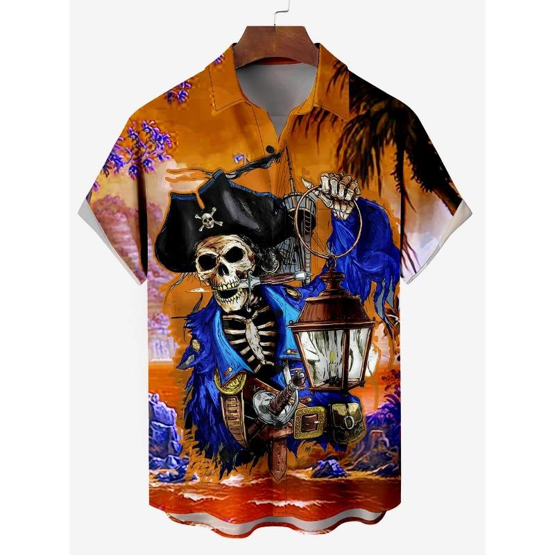 Мужская гавайская рубашка с рисунком скелета пирата капитана шторма парусного спорта с рисунком из мультфильма рубашка с коротким рукавом летние свободные пляжные рубашки для мальчика