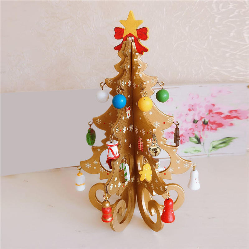 Wooden Christmas Tree Pendant Set Creative Xmas Hanging Ornament Six Tree with Small Pendant Set