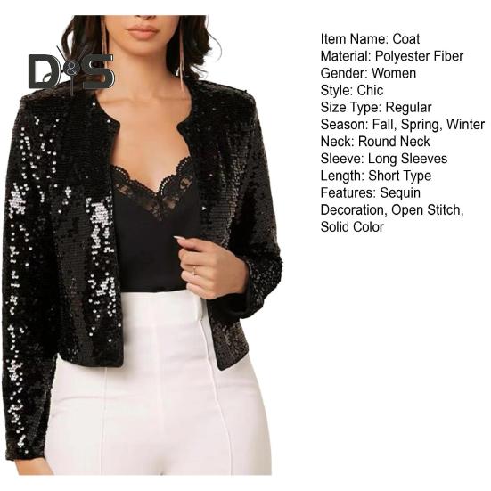 Женское вечернее пальто с пайетками, круглый вырез, ажурный кардиган с длинными рукавами, короткий однотонный пиджак для выступлений на сцене и клубных танцев