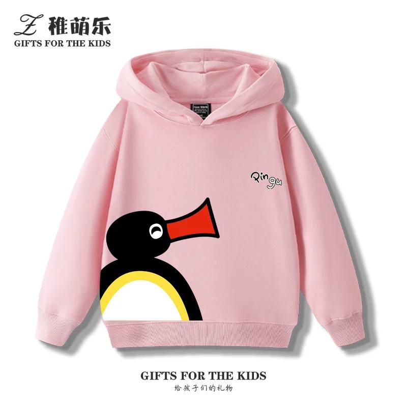 Kids' Fleece-Lined Hooded Sweatshirt with Fun Cartoon Penguin Print – Warm Pullover for Boys and Girls (Autumn/Winter)