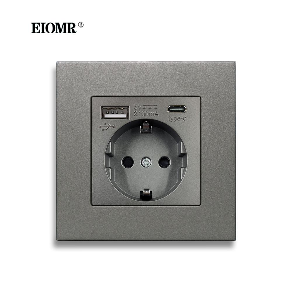 EIOMR EU Настенная розетка с портом Type C 5V 2.1A 146мм, 86мм Огнестойкая панель из ПК 16A 220V Стандарт ЕС USB-розетка