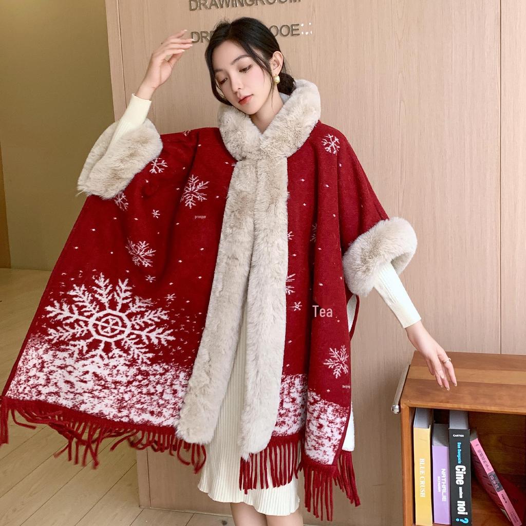 Женское пальто-накидка с капюшоном и воротником из искусственного меха выдры – Зимняя верхняя одежда с жаккардовым узором «снежинки»