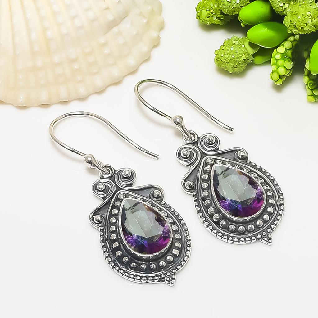 Серьги Rainbow Mystic Fire Topaz из стерлингового серебра 925 пробы V7431, Радужная серьга, Серьга в форме груши, Подарок на День святого Валентина, Подарок для нее, Подарок на день рождения, Ручная работа