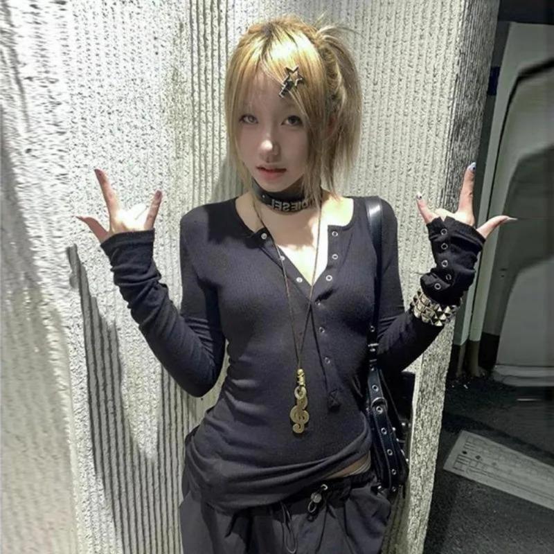 2KWEIRD Y2k Японская футболка Женская Кружевная с Длинным Рукавом Принт Графические Топы Уличная Одежда Американский Ретро 90-е Кроп-топы