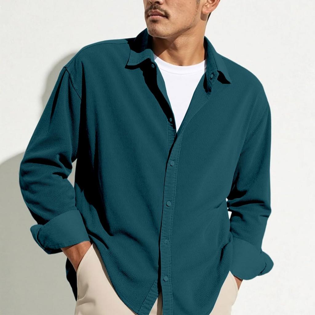 Men's Casual -color Lightweight Breathable Corduroy Button-down Shirt - Men's Stylish Loose-fitting Long-sleeved Shirt