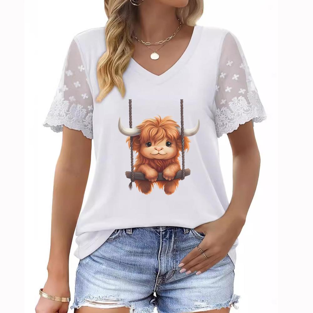 Модный женский летний топ с V-образным вырезом, короткими рукавами и кружевными рукавами с цветочным принтом в размере плюс