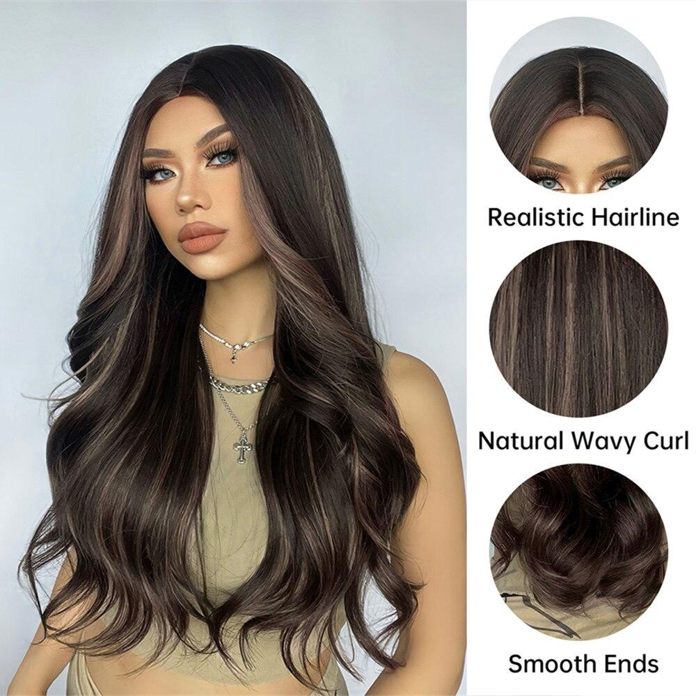 ALAN EATON Коричневые длинные объемные волнистые синтетические парики, разноцветные термостойкие парики для женщин, повседневный натуральный парик из волос