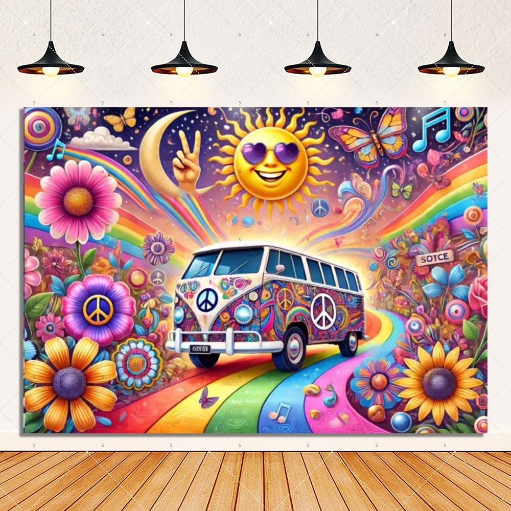 Colorful Hippie Bus Background Banner Bohemian Style Theme Backdrop Supplies Love And Peace Party Decorations Photography Props