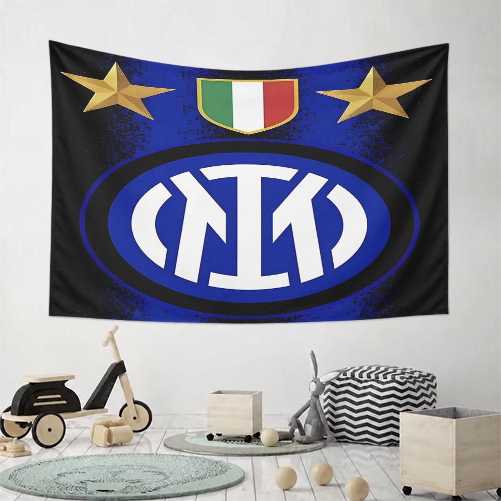 Inter Milan Logo with Stars and Crest Pattern Wall Hanging Tapestry Decorative Tapestry Home Decor for Bedroom and Living Room