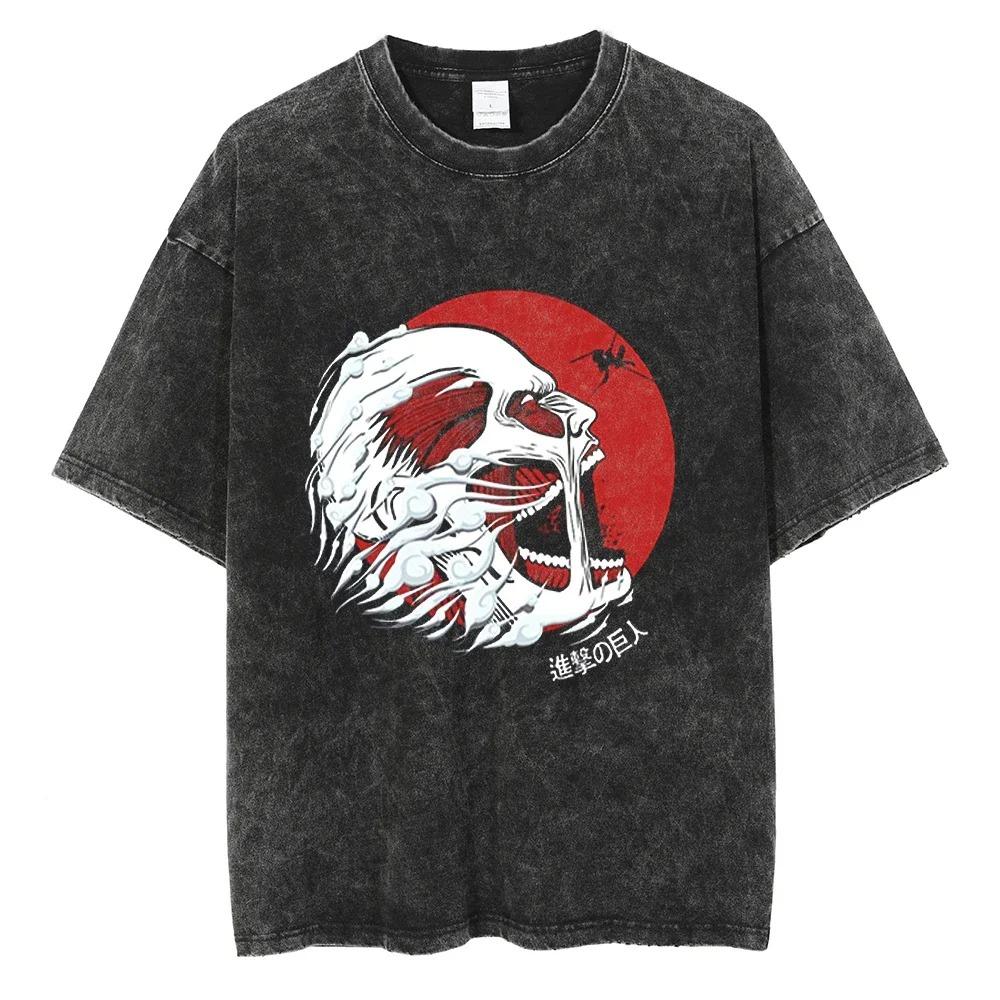Washed Attack On Titan Cotton Mens Vintage Japan Anime Oversize Shirts Streetwear Short Sleeve TShirt Loose Cotton Tops