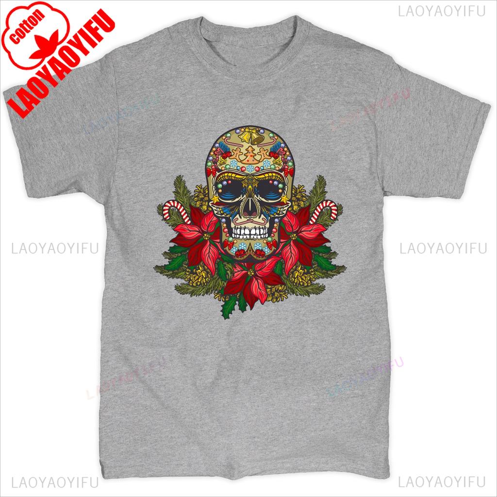 Christmas Calavera Tshirt Sugar Skull Holiday Spirit Mistletoe Mens Tee Retro Breathable Top Skeleton and Flower Pattern Shirt