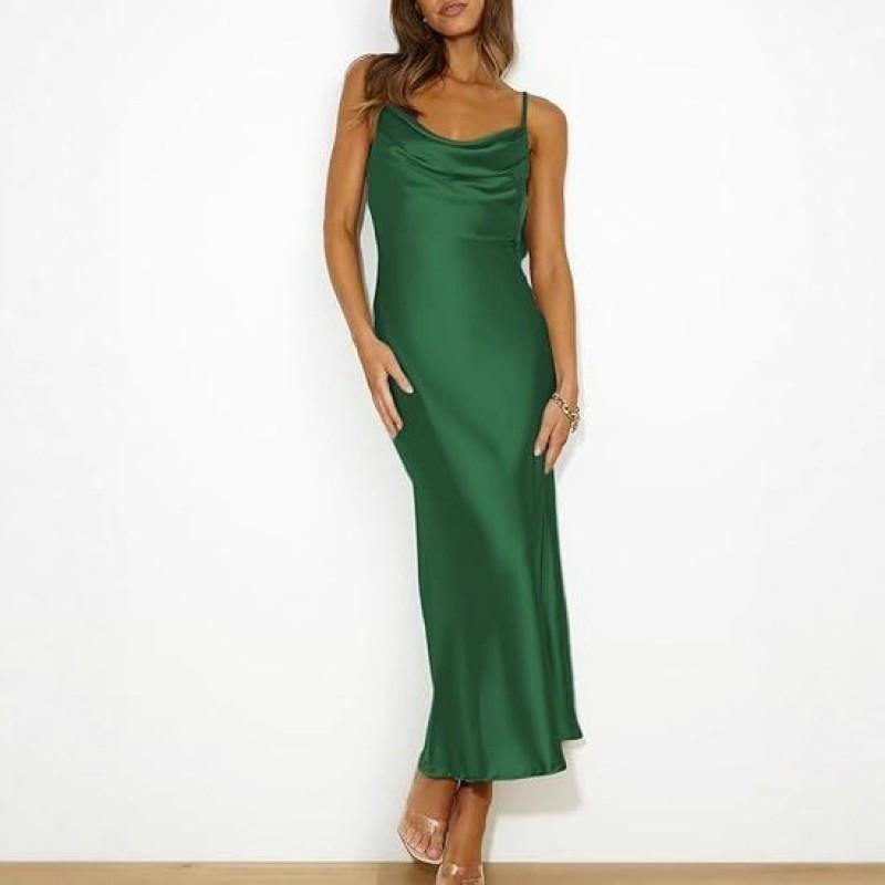 2026 Satin Slip Dress Party Evening Wear Womens Backless Strappy Maxi Elegant Loose Fit