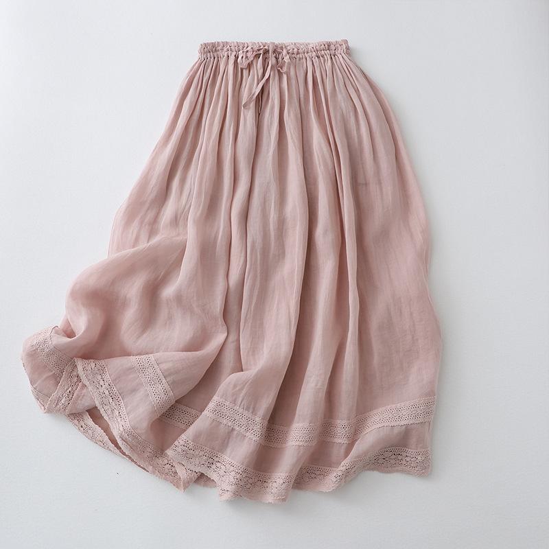 Cotton Solid Casual Long Skirt for Women Elastic High Waist Tie Ruffled Patchwork Mesh Embroidery Skirt Summer Breathable Lightweight Soft Comfy Skirt