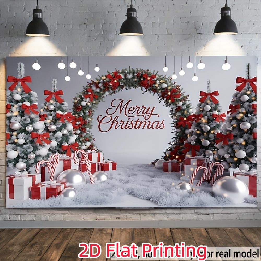 Red and silver color Christmas happy background fabric, featuring patterns of Christmas trees, garlands and gift boxes