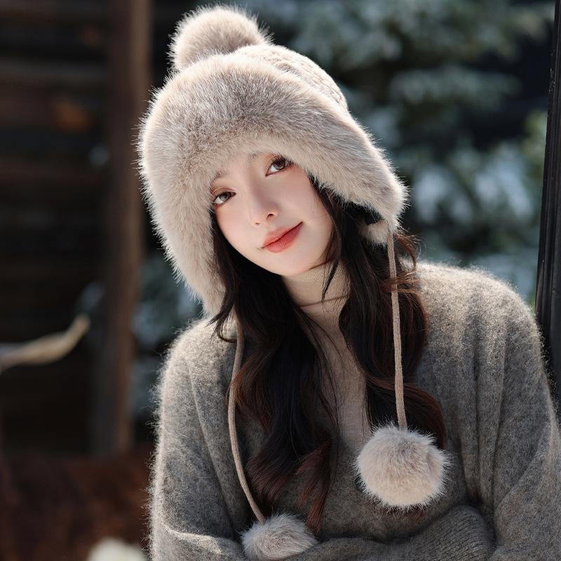 Шапка женская флисовая с кроличьей шерстью, вязаная шерстяная шапка, зимняя утолщенная теплая шапка Lei Feng, велосипедная шапка-ушанка