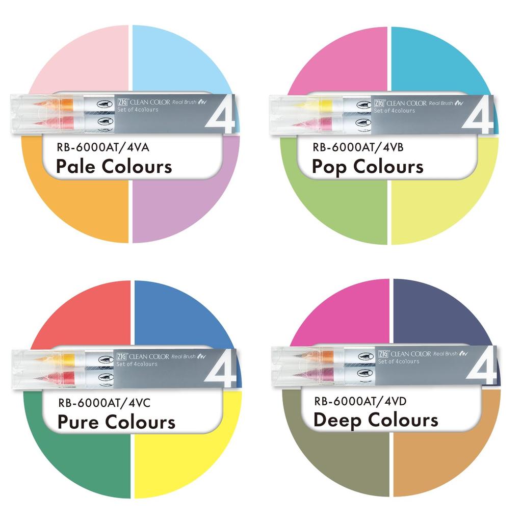 Kuretake ZIG Clean Color Real Brush 4 Pale Pen, Colors, RB-6000AT/4VA