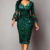 V-neck Net Yarn Stitching Midi Dress Waist Tight Fashionable Print 3/4 Flare Sleeve Lady Dress for Daily Wear