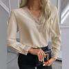 Women's Casual Fashion Solid Color Lace Long Sleeve V-neck Top