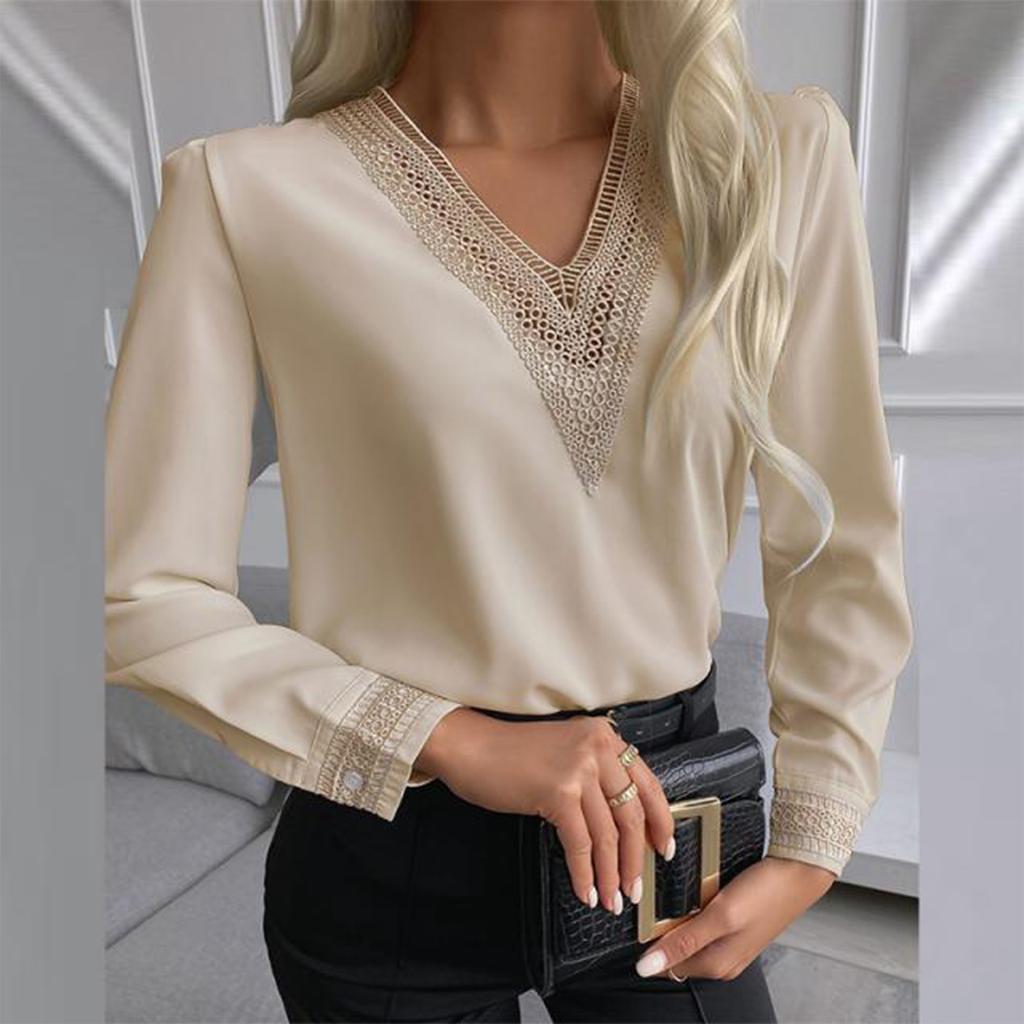 Women's Casual Fashion Solid Color Lace Long Sleeve V-neck Top