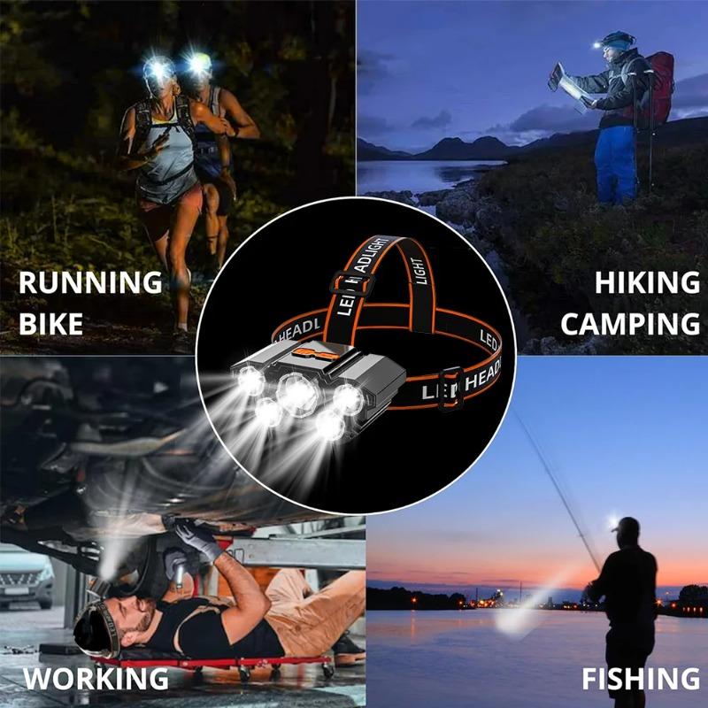 Светодиодный налобный фонарь с USB-подзарядкой, 5 светодиодов, 4 режима, встроенный перезаряжаемый литиевый аккумулятор, легкий налобный фонарь, эластичный головной ремень