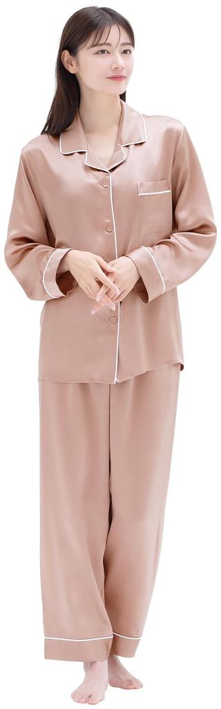 Silk Long Long Top and Bottom 6A 19 Room Wear Pink [COCOSILK] Women's Pajamas, 100% Silk, Sleeves, Pants, Set, Rank, Momme, (M, Beige)