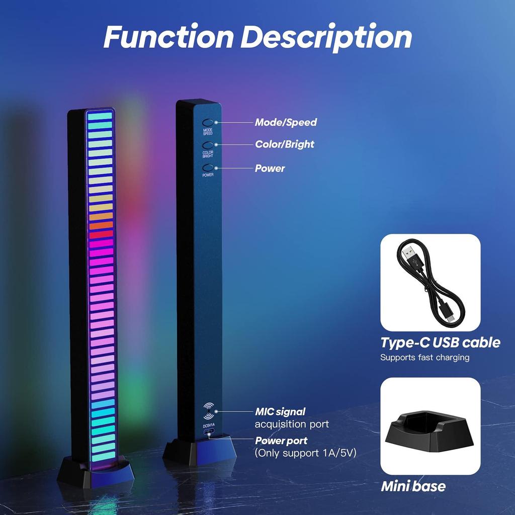 32-битный звукосниматель, ритм-подсветка, индикатор уровня музыки, голосовое управление звуком, звуковой спектр, светодиодная подсветка RGB