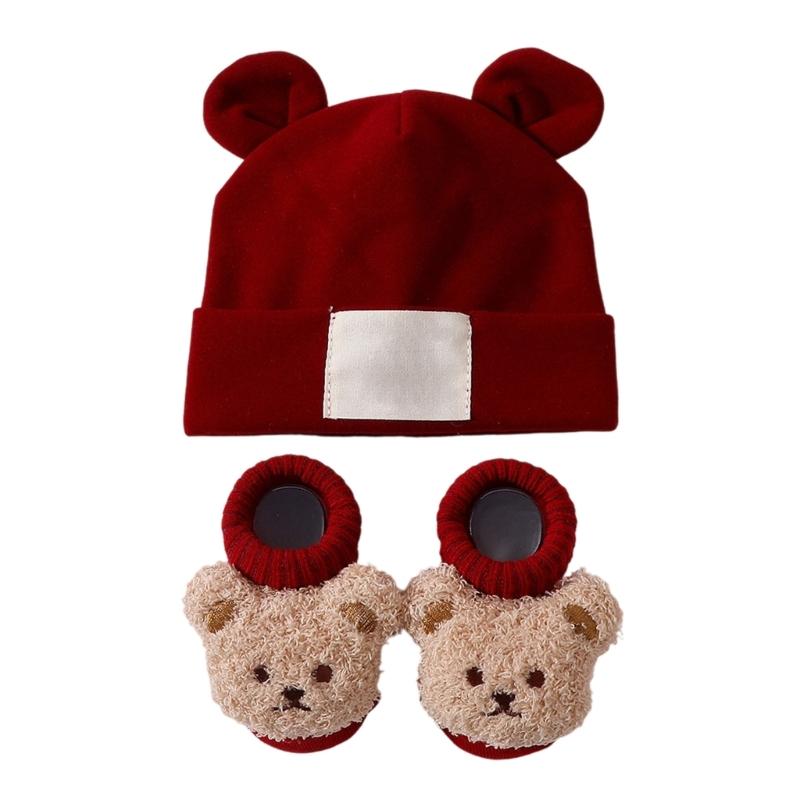 Дышащая детская шапка и носки с ушками Эластичная смесовая ткань Хлопок и Полиэстер Нежное воздейжение на чувствительную кожу Надежная посадка для младенцев