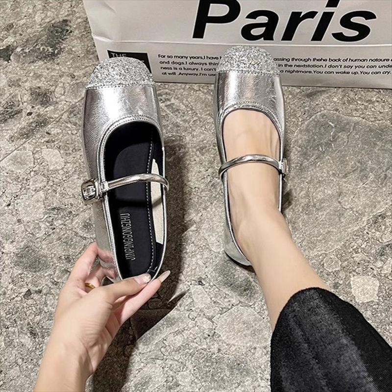 Silver Mary Jane light mouth single shoes women's 2025 summer new versatile fashion soft sole non-slip one-word buckle Doudou shoes