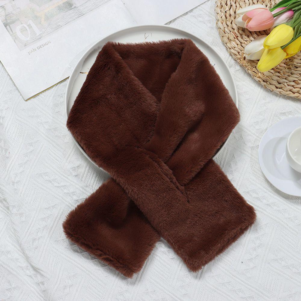 Women Shawl Faux Rabbit Fur Plush Neck Warmer Neckerchief Wrap Cross Scarf Solid Color