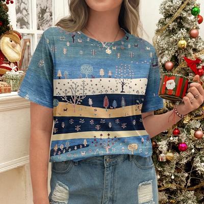 Летняя женская повседневная универсальная футболка с коротким рукавом в пейзажную полоску