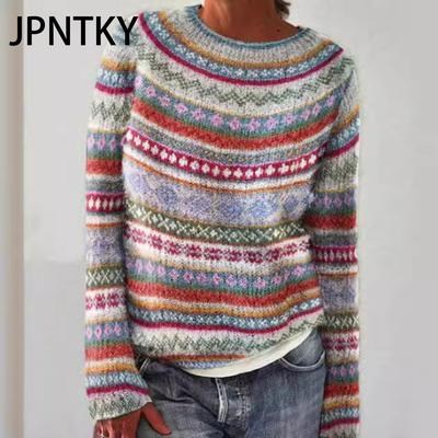 JPNTKY Женская мода Повседневный Осень Зима Полосатый Принт Длинный Рукав О-Образный Вырез Свободные Свитера