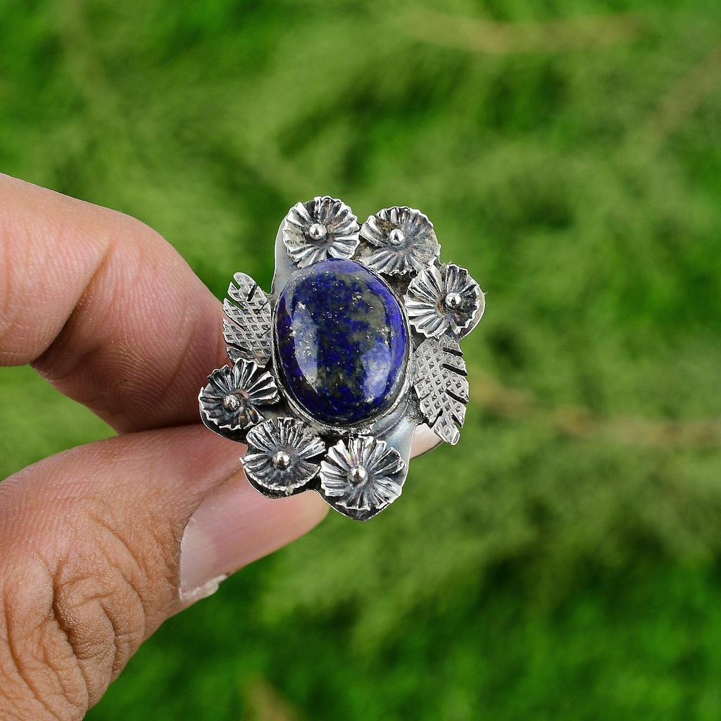 Natural Lapis Lazuli Gemstone Promise Flower Adjustable Ring 925 Sterling Silver