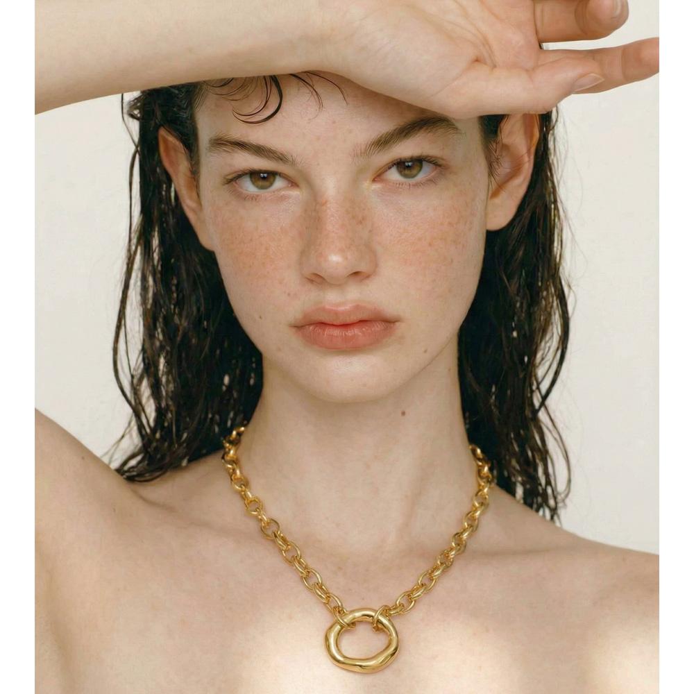 Yhpup Stainless Steel Metal Hollow Round Pendant Statement Necklace 16K Golden Platinum PVD Plated Daily Casual Collar Jewelry