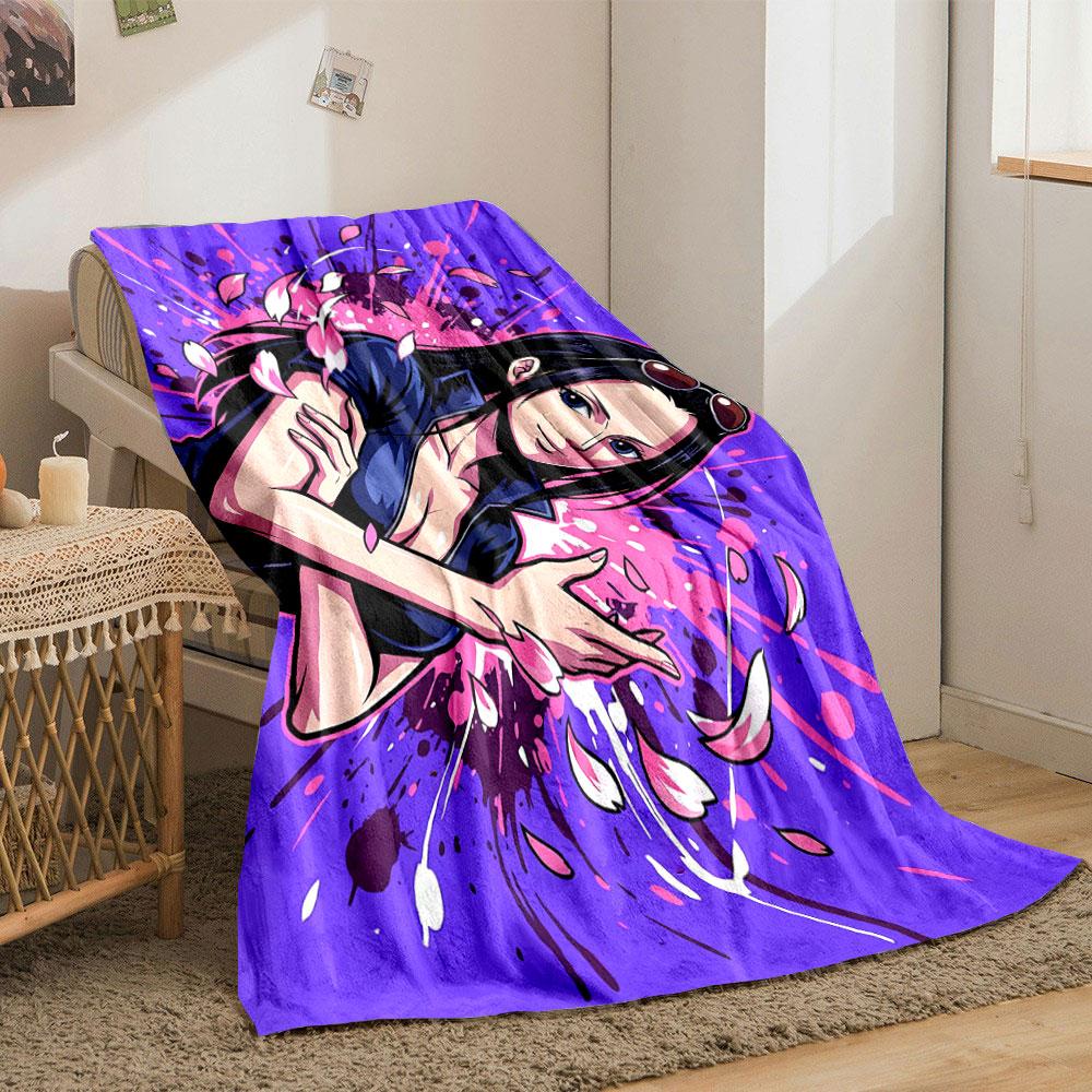 A woman with flowing petals on a vibrant purple and pink splatter background. for all seasons blanket lunch break throw gift