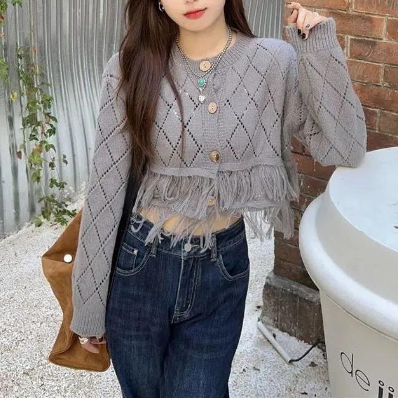 Ленивый корейский свитер, женский кардиган с вырезом и длинными рукавами, уникальный дизайн, ниша, осенний вязаный свитер, кардиган, женский топ