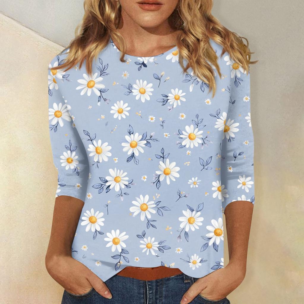 Women's Fashion Casual Seven-Point Sleeve Print Round Neck Top