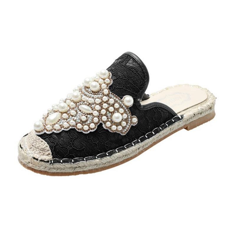 Весна новая повседневная обувь на плоской подошве с круглым носком, плетёная из соломы с лозой, обувь рыбака, женская обувь, универсальная, с бисером, женские туфли