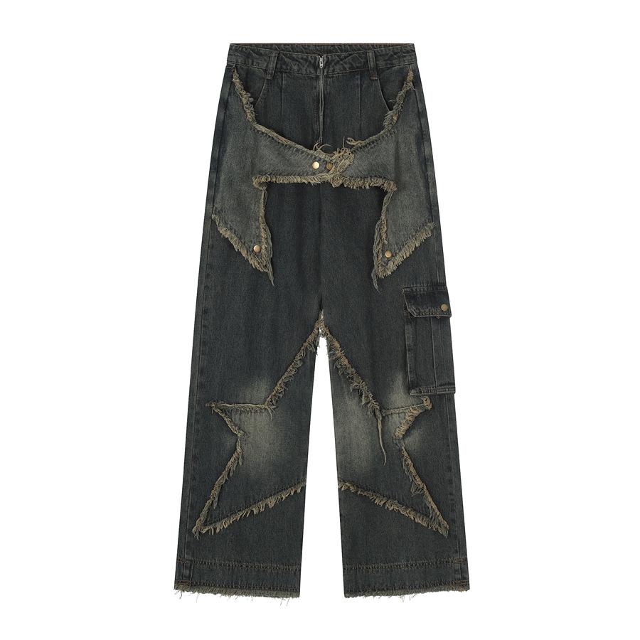 American Retro Distressed Wide-Leg Jeans with Pentagram Design and Big Pockets for Men