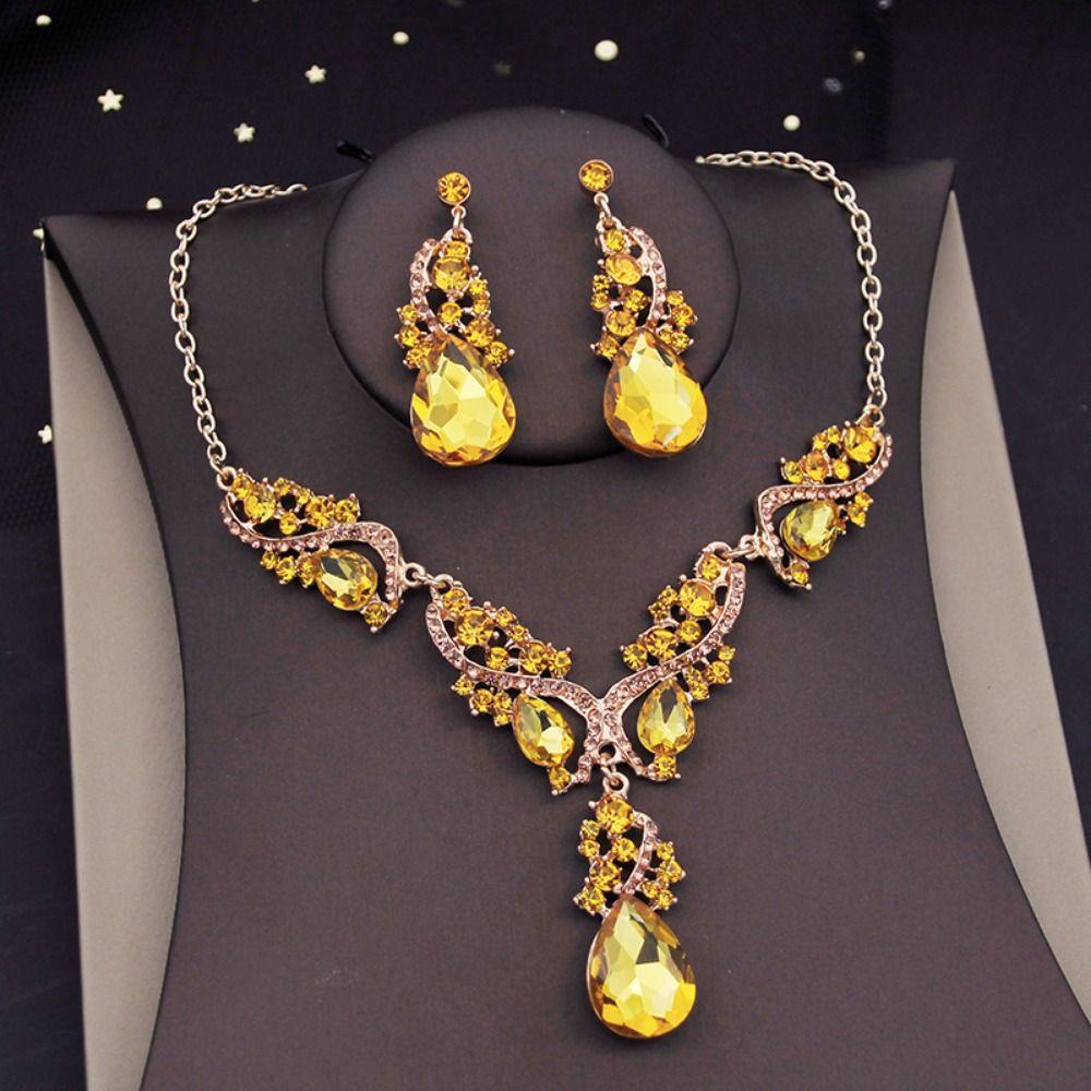 Exaggerated Rhinestone Jewelry Set Crystal Women's Necklace Water Drop Necklace Earrings Set  Women