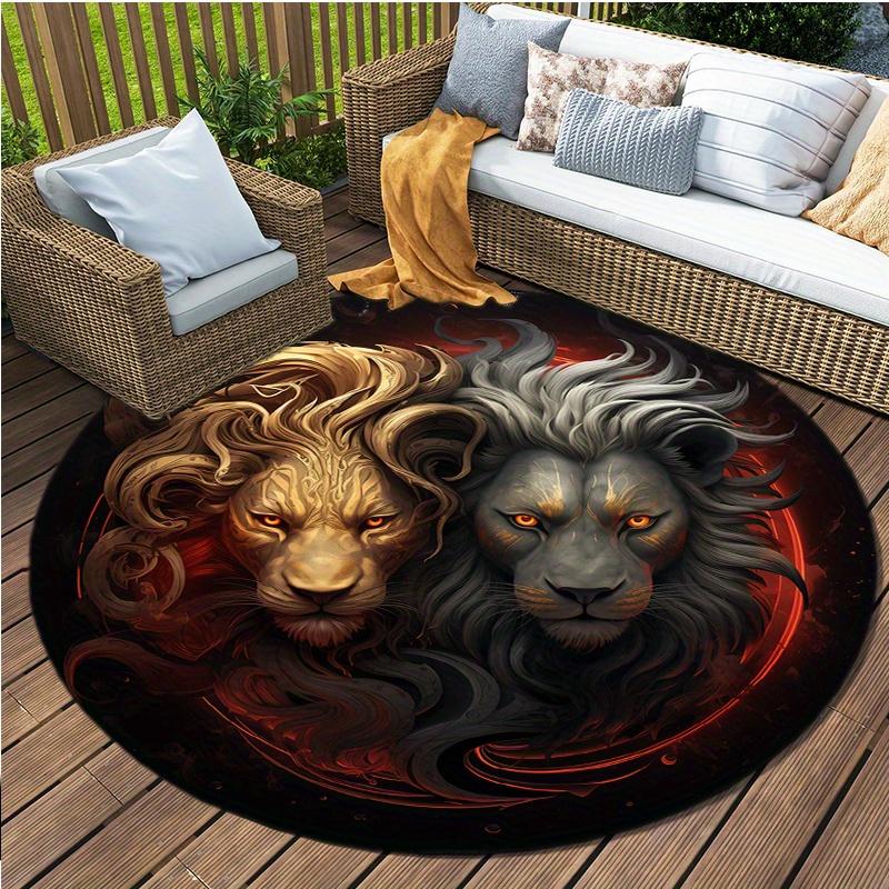 Grey Yellow Lion Round Rug Floor Mat Doorway Rug With Nonslip Backing Outdoor Patio Camping Rug Floor Mat Living Room Bedroom Decoration