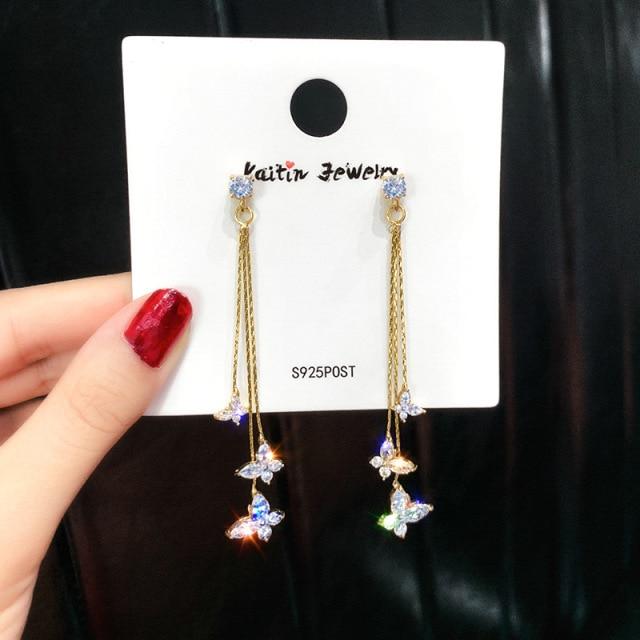 Shiny Three Butterfly Crystal Stone Drop Earrings Bijoux Long Tassel Dangle Earrings Dramatic Statement Earrings Women Jewelry Giveaway GiftsStatement