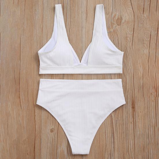 Бикини из двух частей с V-образным вырезом, сплошной цвет, женский ребристый глубокий комплект, бюстгальтер, трусы, купальник для лета