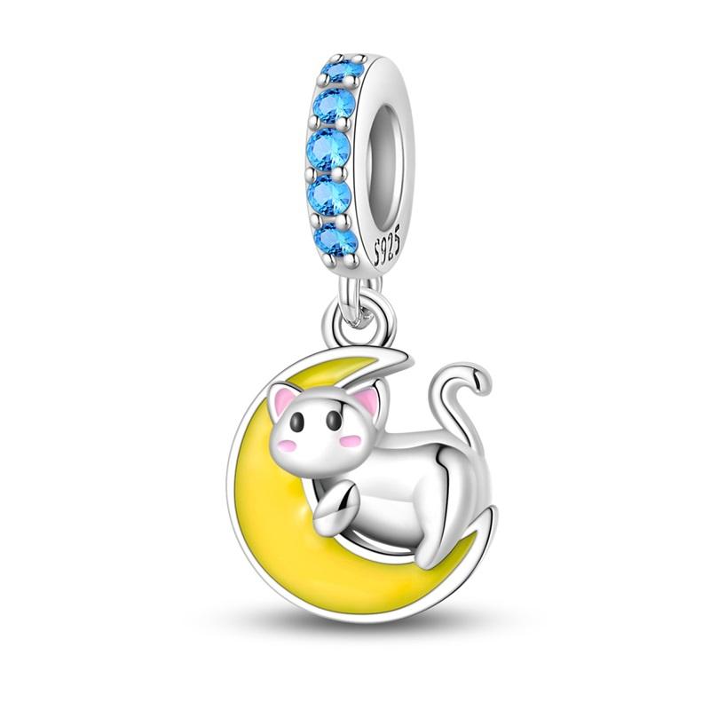Colorful Cat Playing Ball Safety Chain Lamb Bead Moon Pet Dangle Charm Fits Original Bracelet & Necklace Zircon Gift