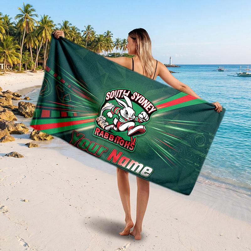 South Sydney Rabbitohs Customized Name Text Beach Towel, Soft Absorbent Towel Beach Pool Travel Personal Gift