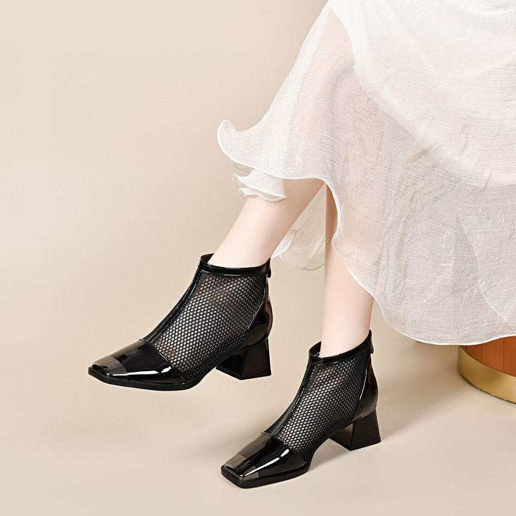 High-heeled Mesh Single Shoes Women's Spring New Iron Bag Head Square Head Thick Heel Net Boots Rear Zipper Cool Boots