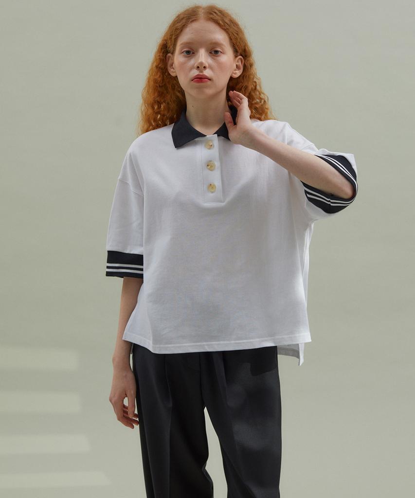 MANAVIS7 Striped Rib Collar T-Shirt White