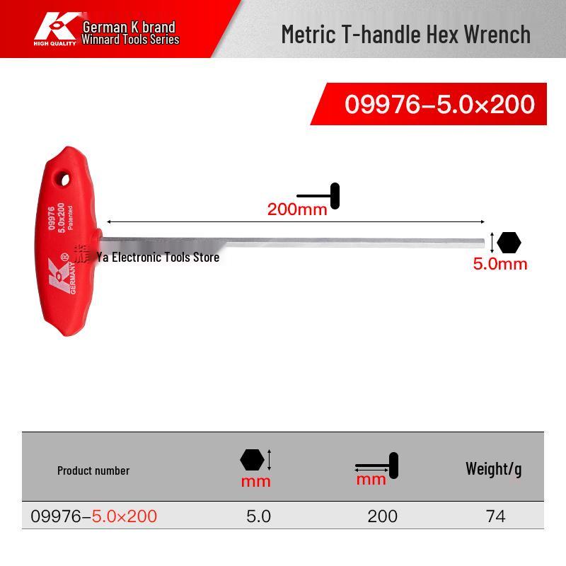 K Brand German T-Type Allen Wrench with Extended Flat Head 6-Point Screwdriver Handle, Extra Long Single Wrench