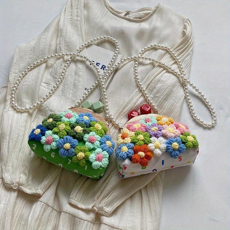 Ретро Деревянный Клатч Сумочка Модная Вязаная Сумка Крючком для Женщин Тренд Имитация Жемчужной Цепочки Сумка Кроссбоди Женская Вязаная Сумка Клатч