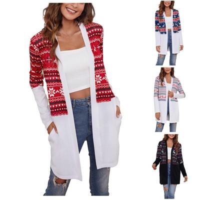 Женская повседневная куртка-кардиган с цветными блоками и рождественским принтом, длинными рукавами и цветами